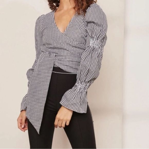 C/MEO Collective Best Love Gingham Wrap Top Puff Long Sleeve - Picture 4 of 5